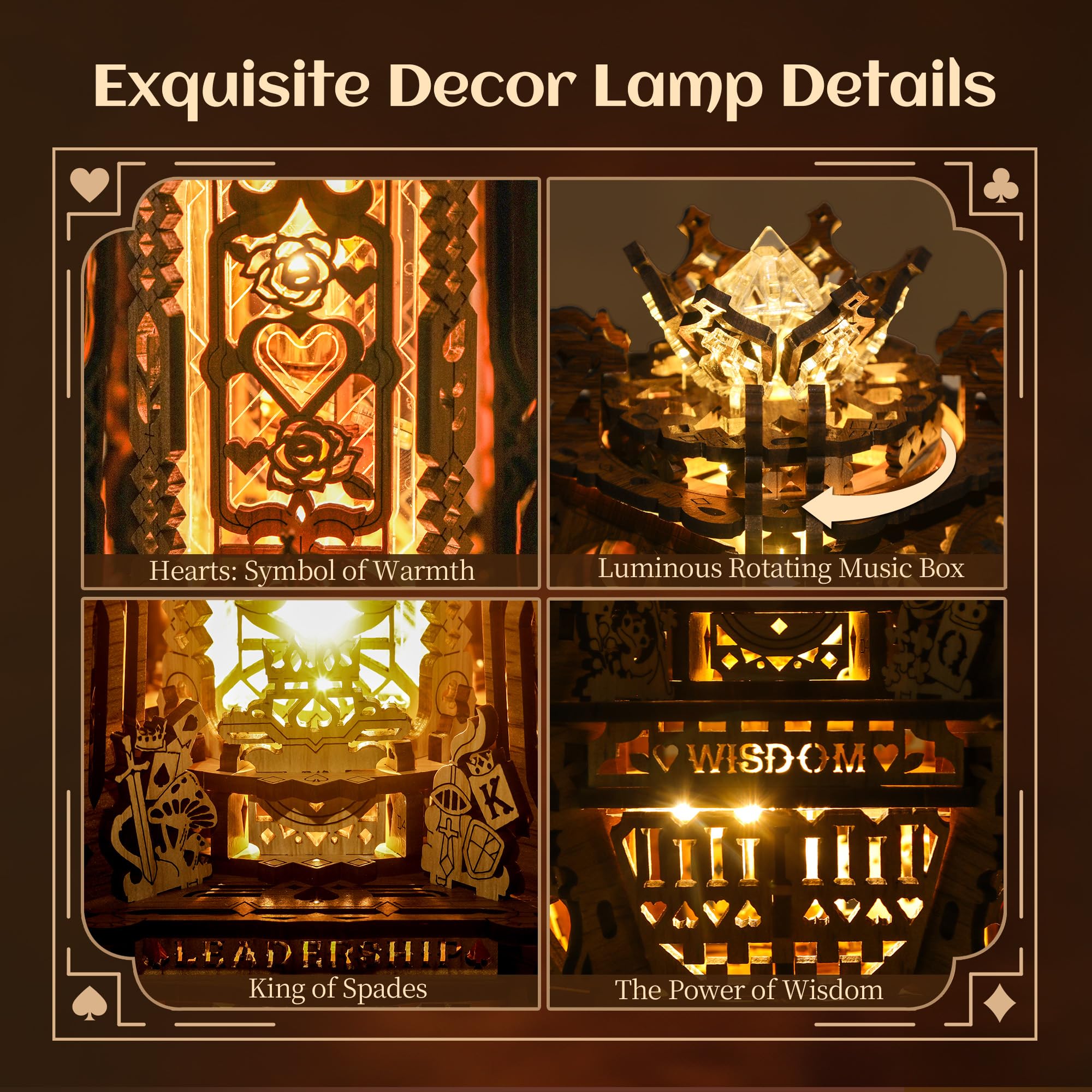FUNPOLA LED 3D Wood Puzzle Poker World Projector Lamp, DIY Craft Kit with LED Lights and Music Box, Creative Poker-Themed - Image 3
