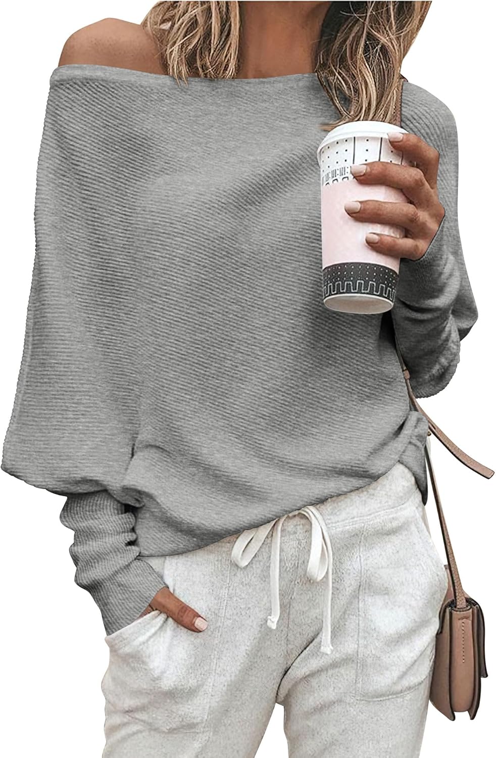 Zenlonr Women's Fall Sweaters 2026 Casual Long Batwing Sleeve Loose Off Shoulder Knit Pullovers Jumper Tops