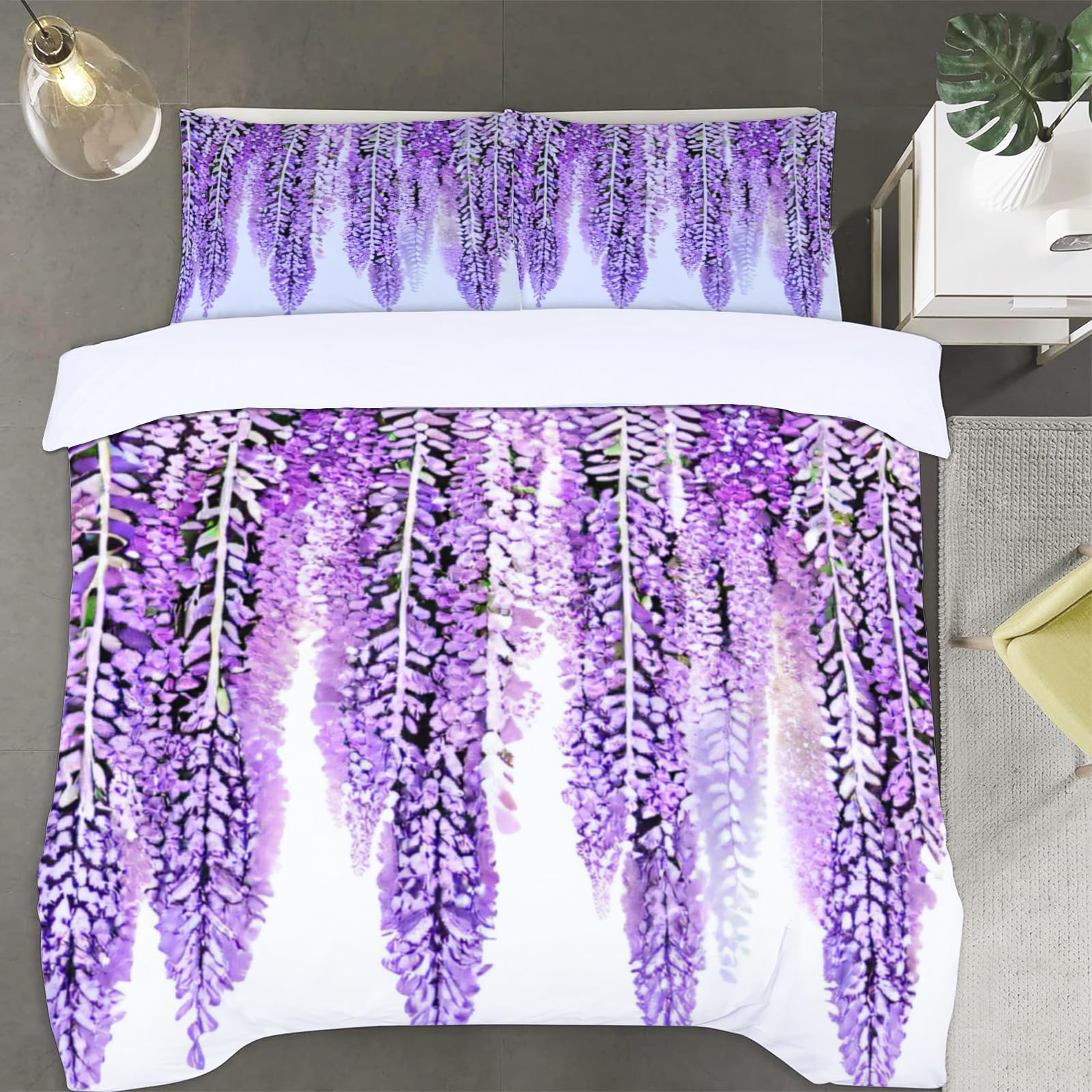 Housse de couette 220x240 fleurs de glycine parure de lit microfibre avec fermeture éclair