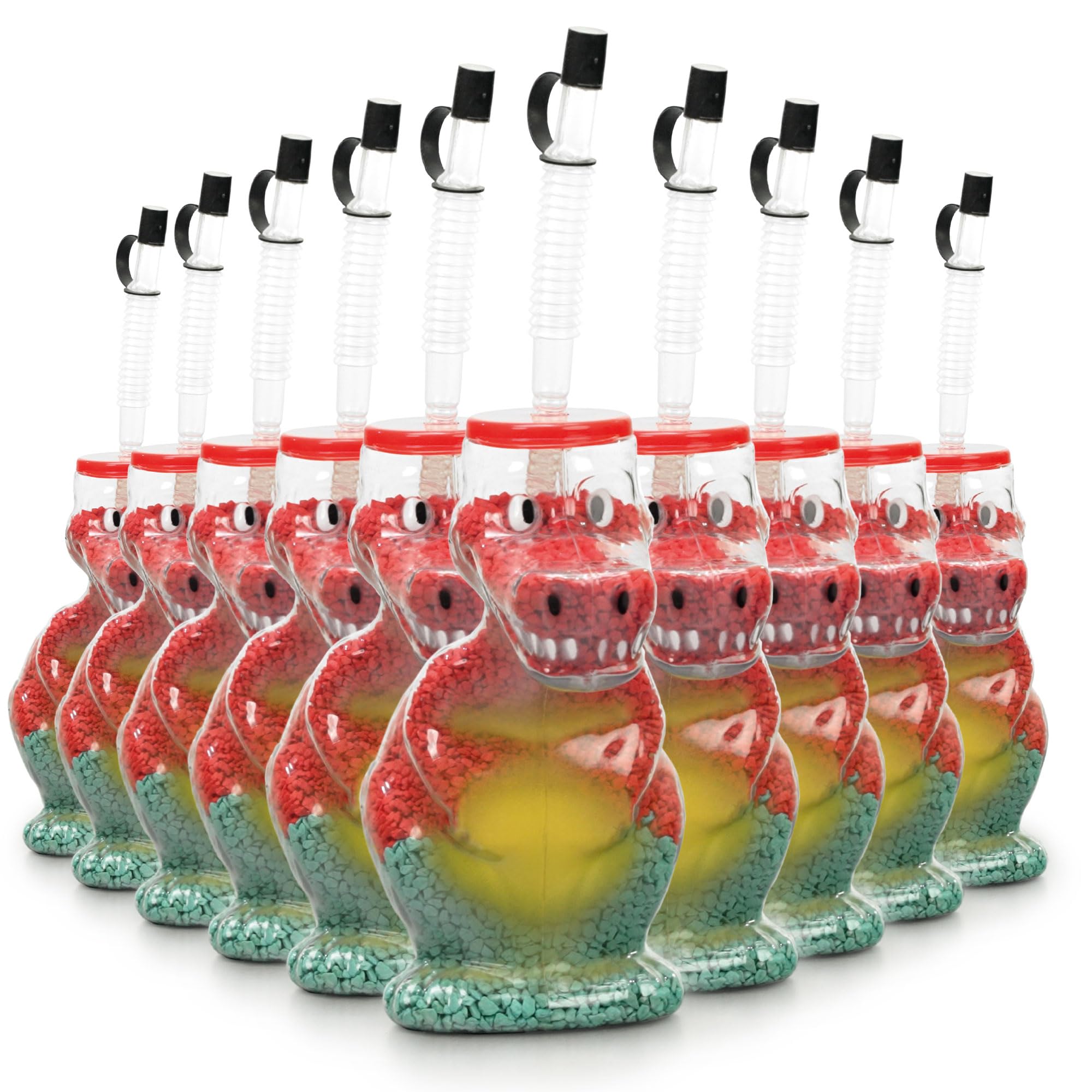Dino Yardcup 0,6 l – 10 x kubek wielokrotnego użytku w kształcie dinozaura, kubek dla dzieci z pokrywką i otworem do picia, nie zawiera BPA, na slush, napoje bezalkoholowe i wydarzenia, idealny dla