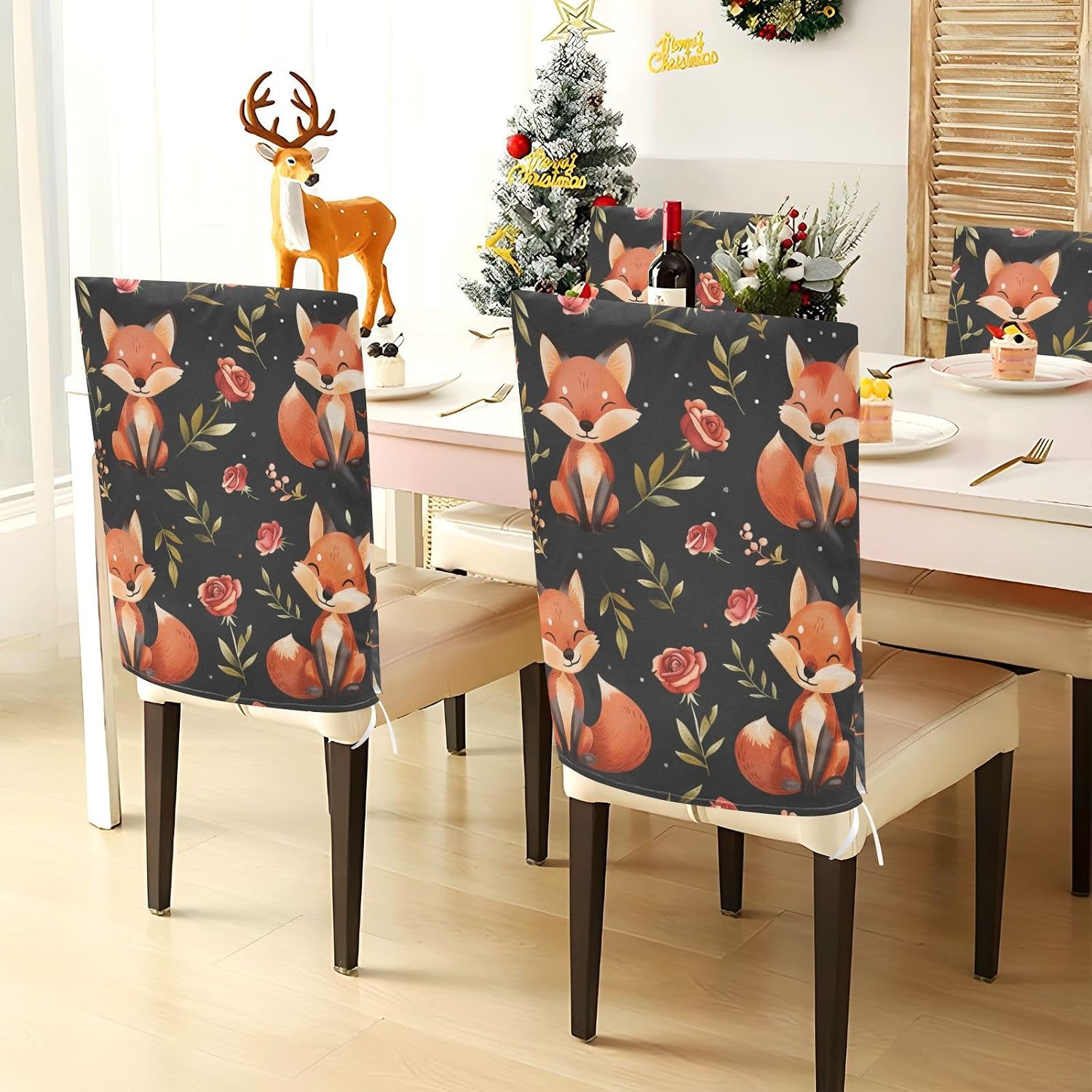 ALAZA Cute Foxes Roses Vintage Chair Back Cover Set of 6, Washable Reusable Removable Chair Slipcovers Decorative Chair Cover for Home Kitchen Wedding Party