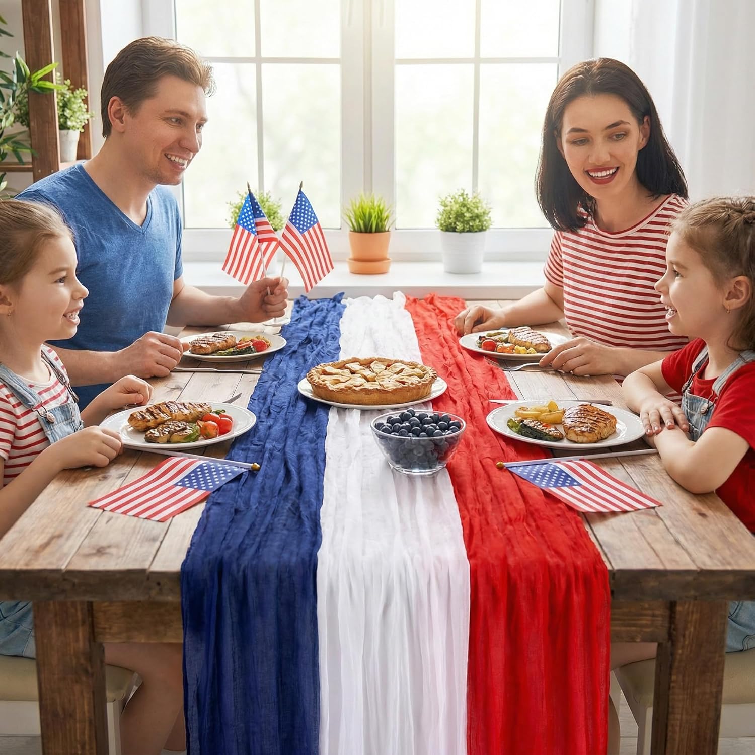 RunNico 4 PCS Patriotic Cheese Cloth Table Runner, 120 x 38 Inch 4th of July Sheer Fabric Table Runner, Red White and Blue Gauze Tables Decor for Independence Memorial Day Party Indoor Outdoor Decor