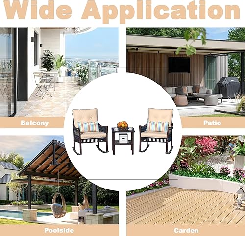 Miniatura 8 de DECMICO - Juego de muebles de patio de 3 piezas, juego de sillas mecedoras de mimbre, juego de bistró con mesa de café, juego de conversación para