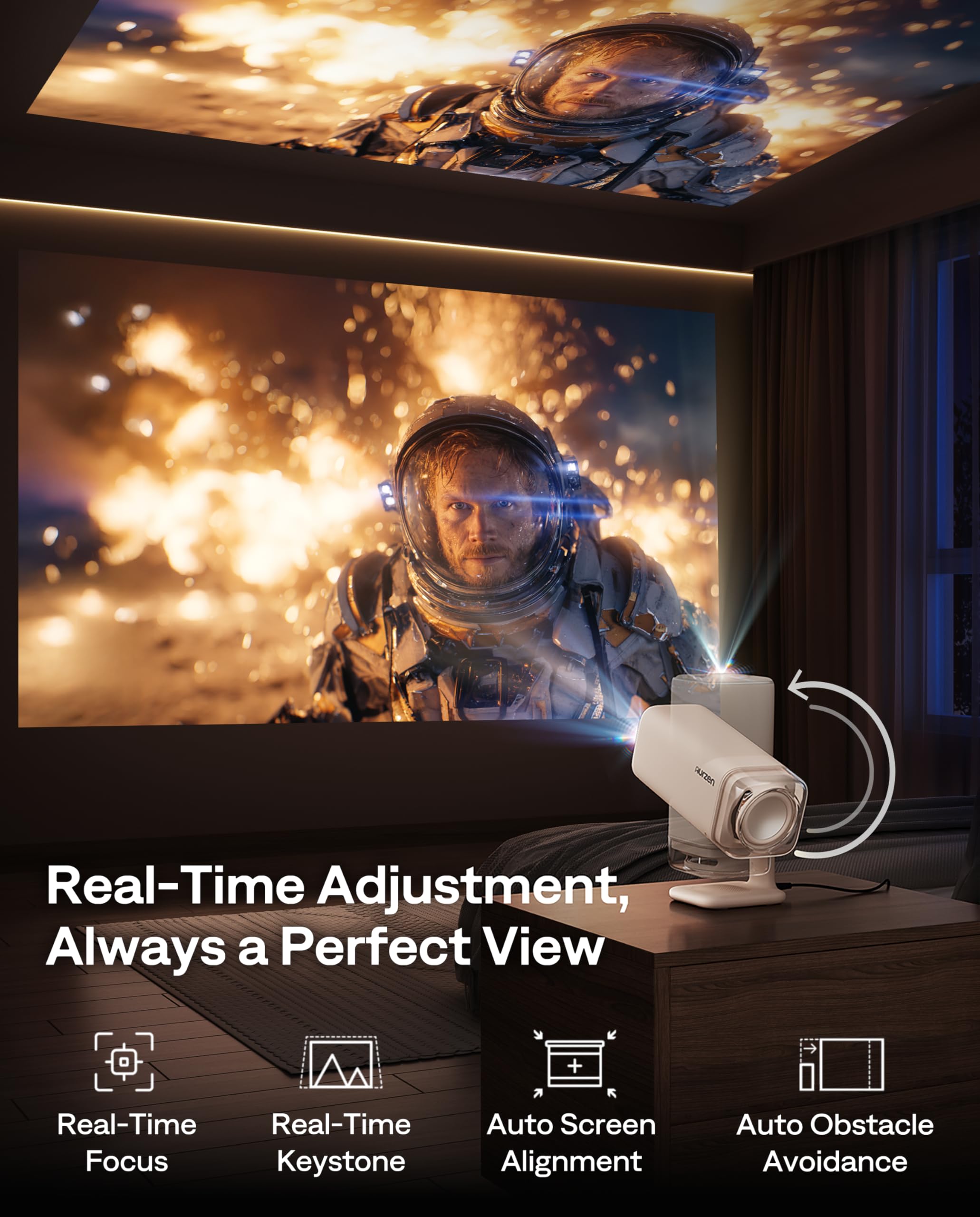 Aurzen BOOM Air Portable Google TV Projector with WiFi and Bluetooth, Smart Projector for Outdoor & Home Movie, USB-C Powered, 4K Supported, Real-Time Focus, Dolby Audio, Adjustable Stand, Off-White