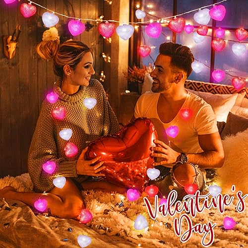 Miniatura 5 de TURNMEON Guirnalda de luces LED 3D de 10 pies, 20 luces LED de corazón, rosa, rojo, blanco, con purpurina, para San Valentín, decoración de San
