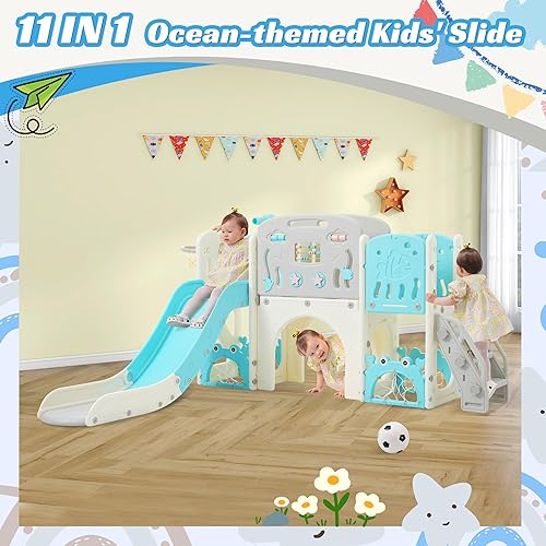 Miniatura 2 de Tobogán infantil 11 en 1, tobogán para niños pequeños de 1 a 3 años con telescopio, aro de baloncesto y telescopio, juego para interiores y