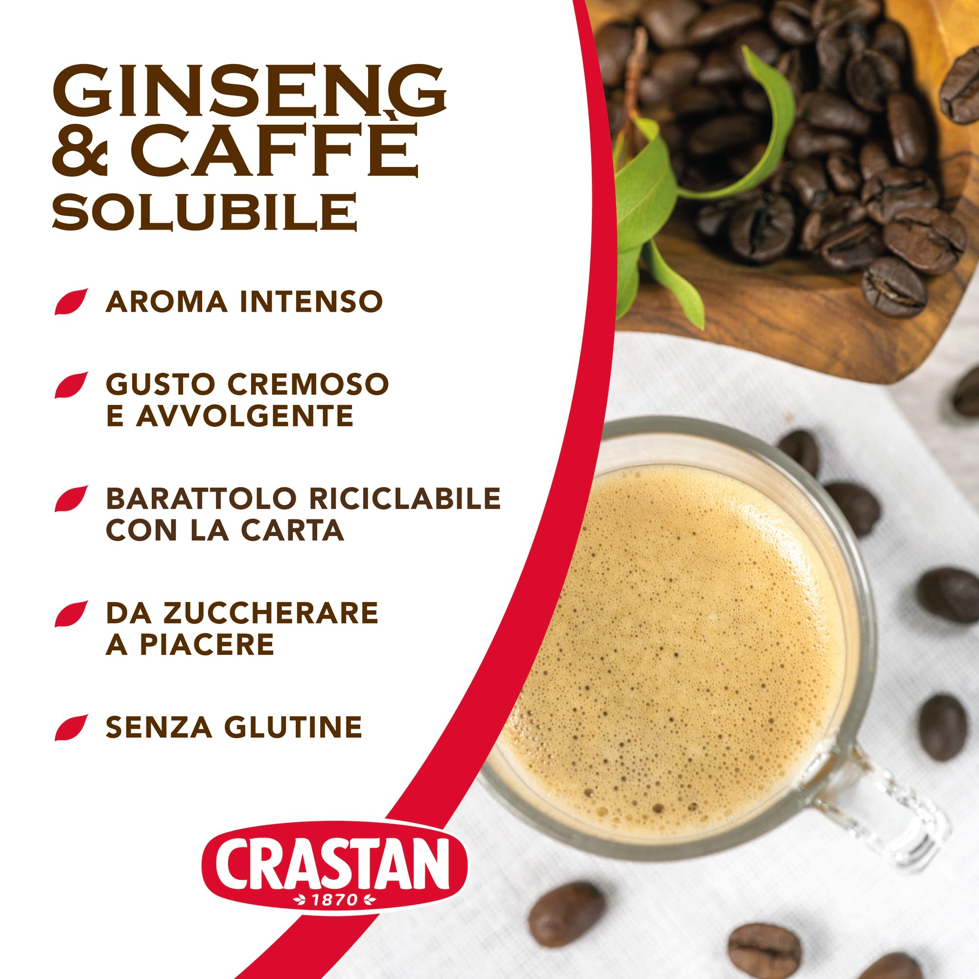 Crastan, Ginseng & Caffè, Preparato Solubile a Base di Ginseng e Caffè da Zuccherare a Piacere, 50 Tazze, Bevanda Senza Glutine e Grassi Idrogenati, 100% Made in Italy, 2 Barattoli da 200 gr
