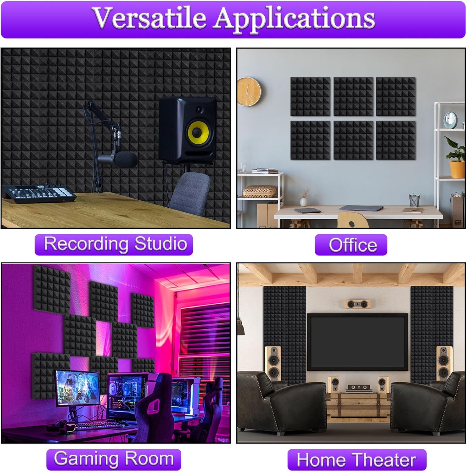 TroyStudio Thick Acoustic Foam Panels, 12 X 12 X 2 Inches 12 Pcs Pyramid Sound Absorbing Foam, Dense Soundproof Padding Tile, Recording Studio Foams Absorber, Decorative 3D Wall Ceiling Panel