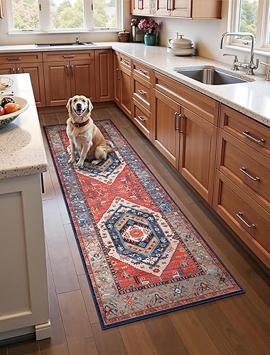 Boho Washable Runner Rug, 2x6 Rug Runner Non-Slip Vintage Rust