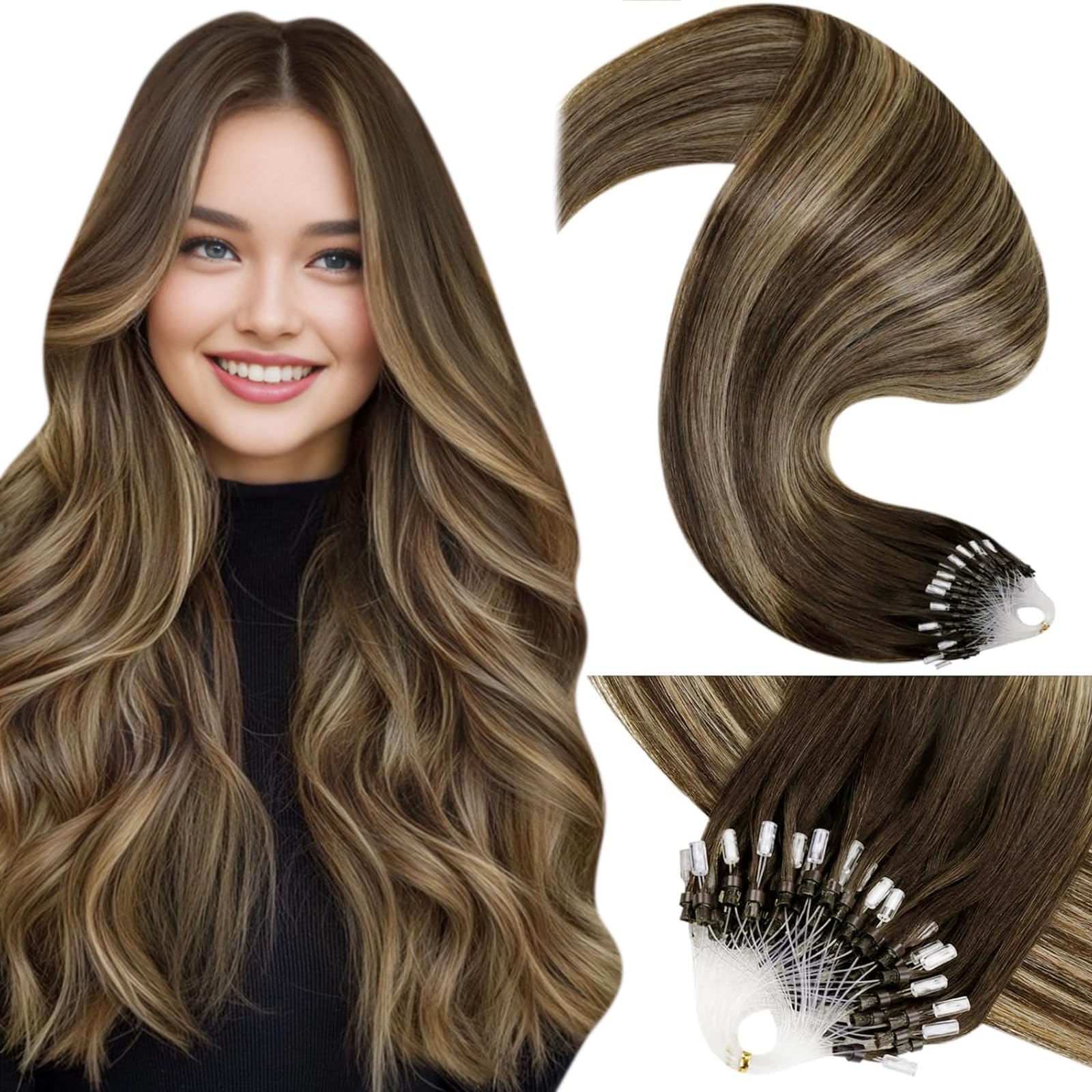 LaaVoo Blonde Micro Loop Hair Extensions Real Human Hair 24 Inch Remy Straight Balayage Dark Brown Mix Caramel Blonde Invisible Micro Ring Hair Extensions 50g 50s #4/27/4