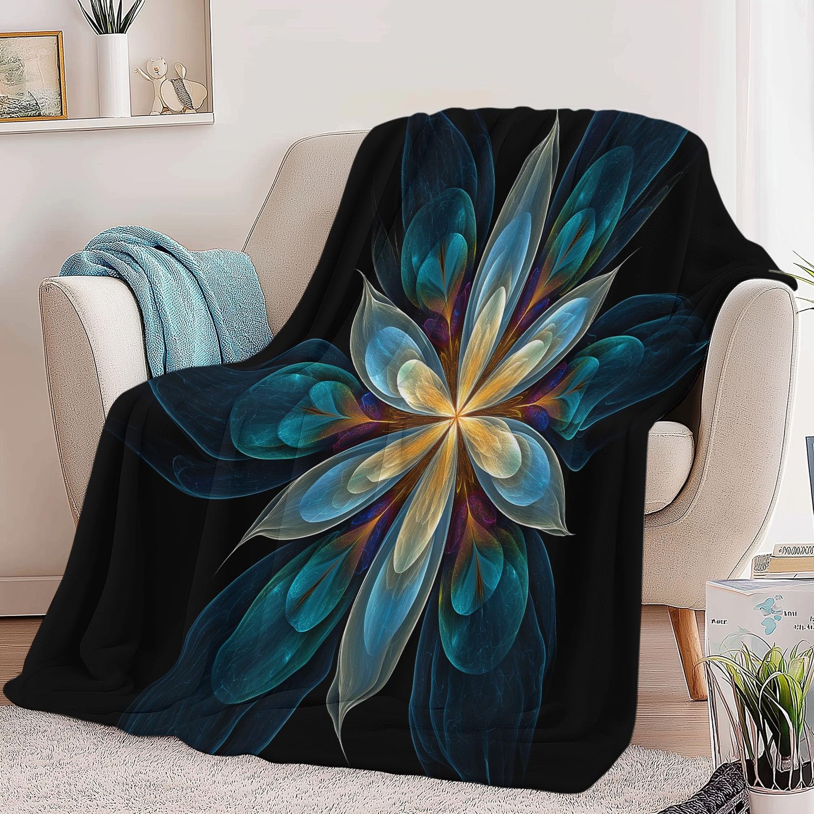 Koc flanelowy 220 x 240 cm Puszysty abstrakcyjny kwiatowy koc z mikrofibry, na sofę i łóżko, miękki i ciepły koc flanelowy, czarny