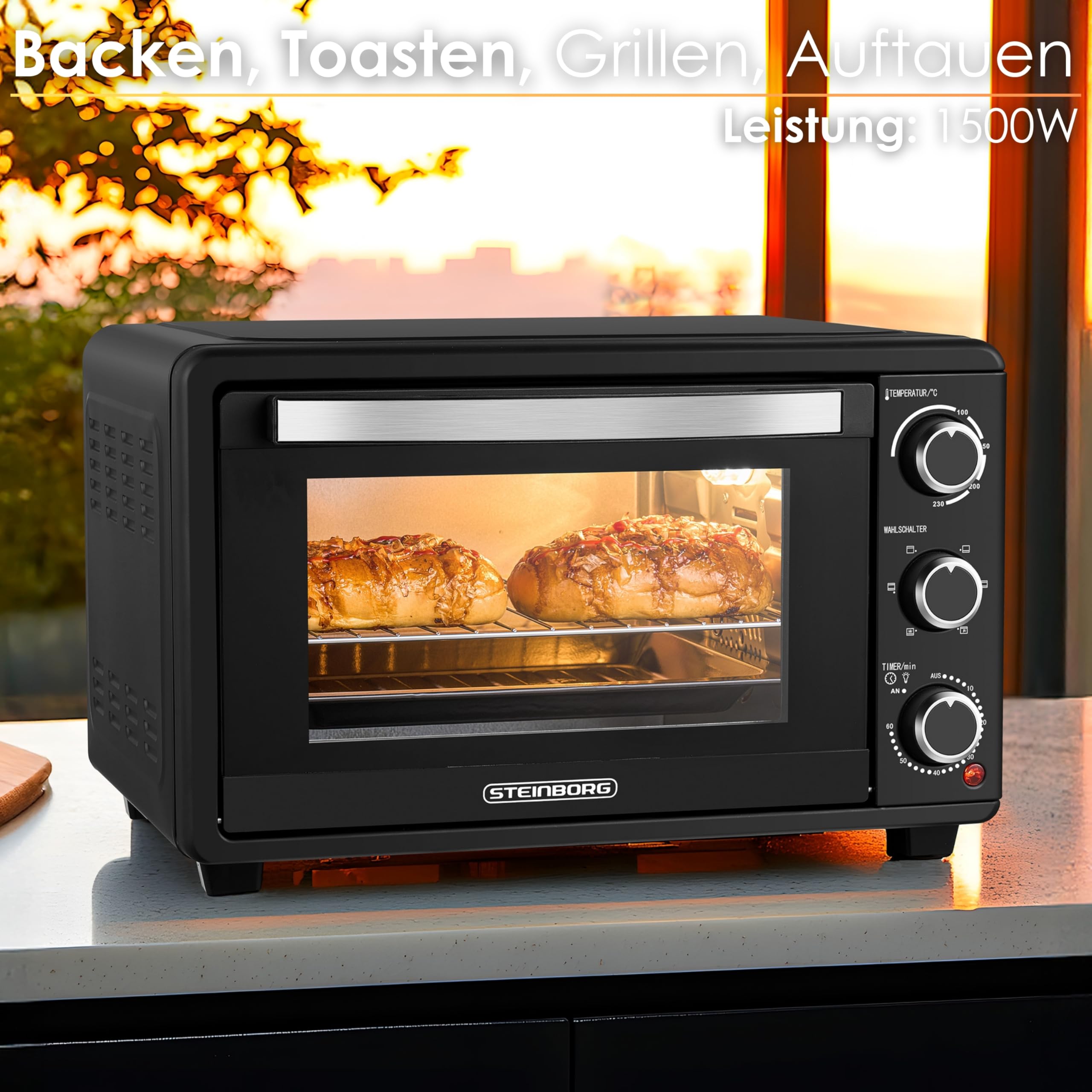 Steinborg Mini Backofen mit Umluft 25 Liter Elektrischer Pizzaofen Minibackofen Miniofen 3in1 Backofen Krümelblech Ober-/Unterhitze Energiesparend 100-230°C 60 Min Timer