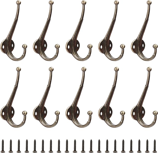 BELLE VOUS Antique Brass Cast Zinc Wall Mounted Coat and Hat Hooks with Screws (10 Pack) - Double Heavy Duty Metal Vintage/Rustic Hanger Hooks for Bags, Garage, Bedroom, School, Kitchen & Utility