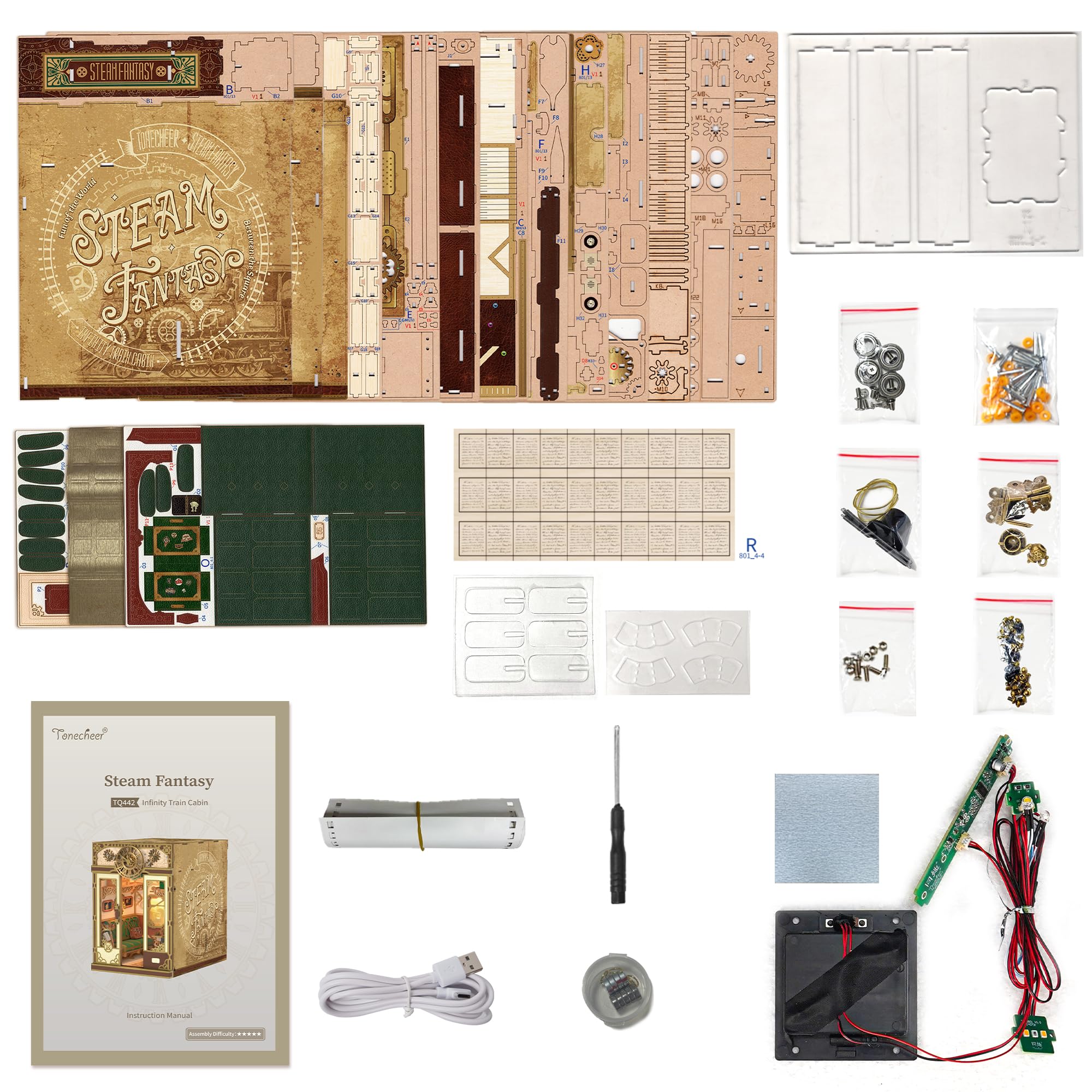 Tonecheer Book Nook Kits，Unendlichkeits-Zugabteil 3D-Puzzle, Buchstützen aus Holz Erwachsene Booknooks DIY Miniaturhaus zur Dekoration von Bibliotheken & Bücherregalen（Dampf-Fantasie）