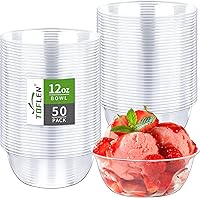 TOFLEN 12oz Clear Disposable Plastic Bowls, 50 Pack - Sturdy BPA-Free Hard Plastic Serving Bowls for Parties, Desserts, Ice Cream, Fruit & Snacks