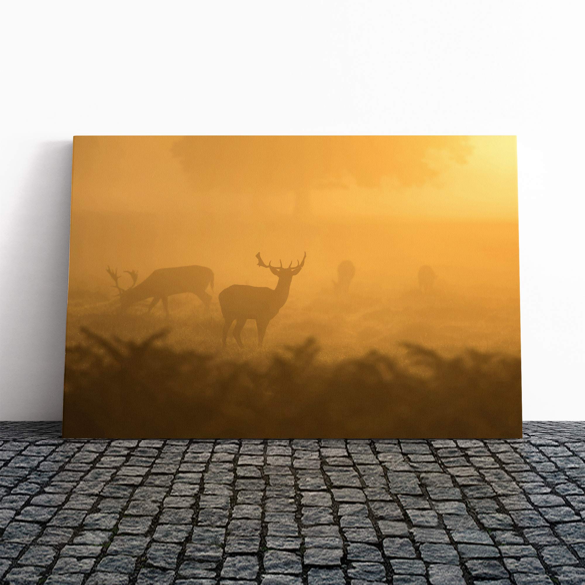 Stag Sunrise Landscape Canvas Print | Gallery Wrapped 30mm Frame Wall Art | 30x20 inches | Ready to Hang | Modern Animals Picture | Living Room Bedroom Lounge Office