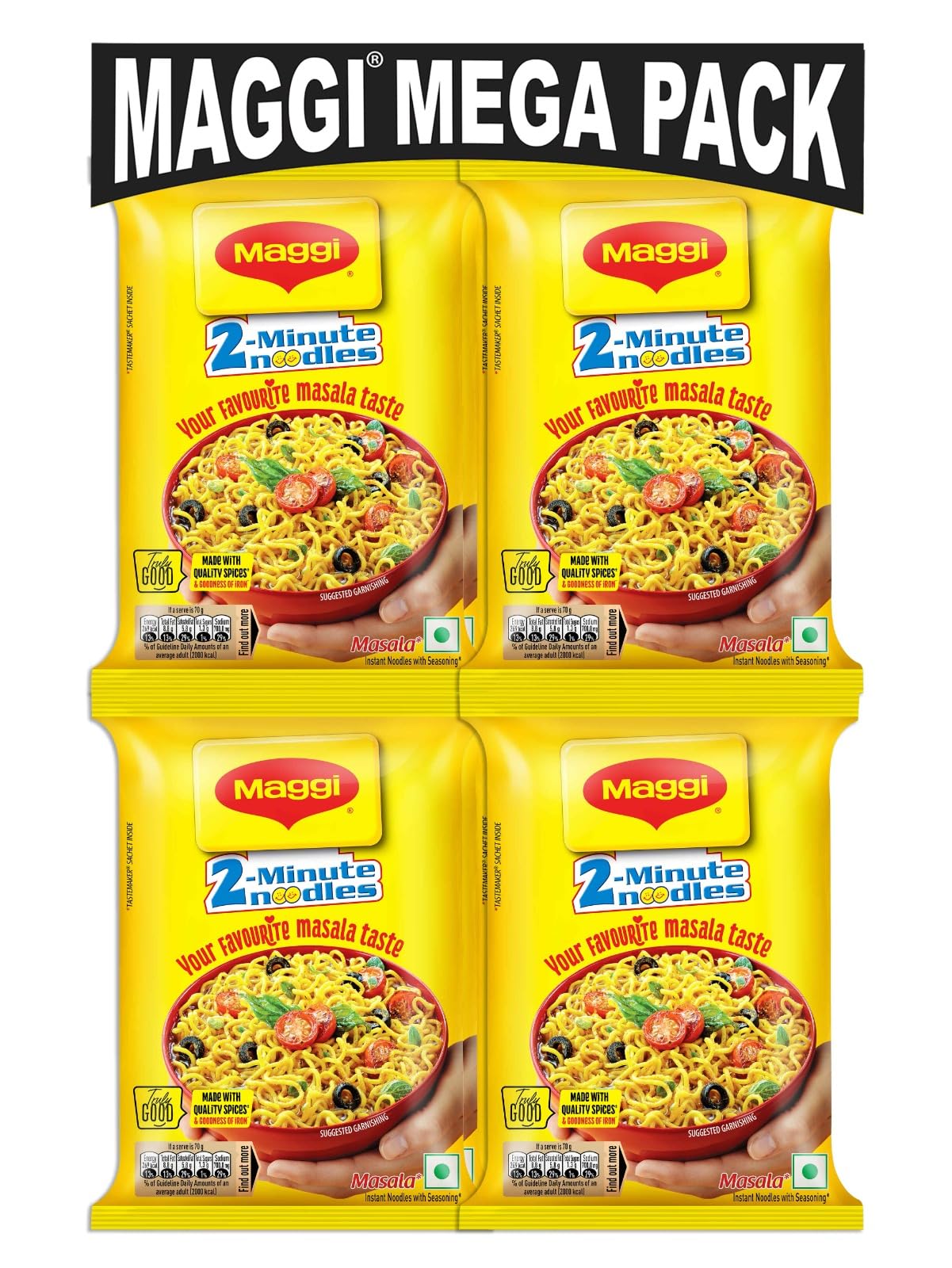 MAGGI 2-Minute Instant Noodles, Masala Noodles With Goodness Of Iron, Made With Choicest Quality Spices, Favourite Masala Taste, 840/900g Pouch (Pack of 12, 70/75g each) (weight may vary)