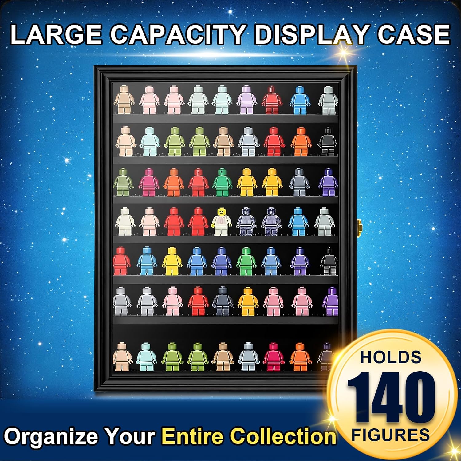 7-Tier Minifigure Display Case for 140 Figures, Wall-Mounted Collectible Showcase Cabinet with Lockable UV Protection Door, Black Finish Frame