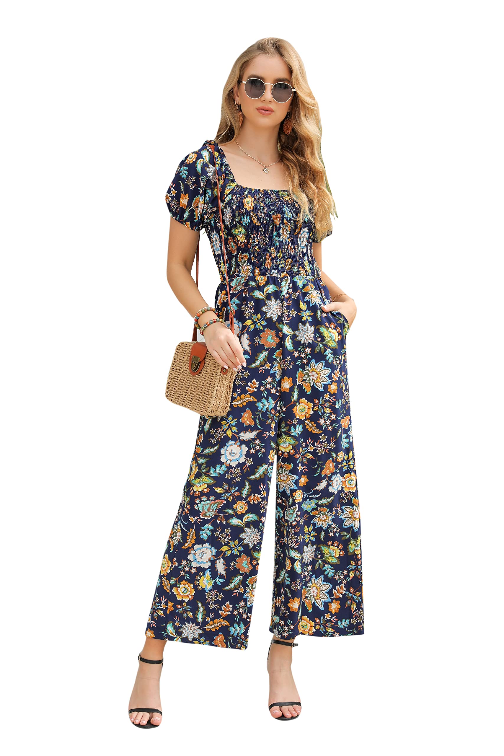 Love Welove Fashion Summer Jumpsuits for Women 2025 Floral Dressy Casual Loose Wide Leg Short Sleeve One Piece Romper Outfits