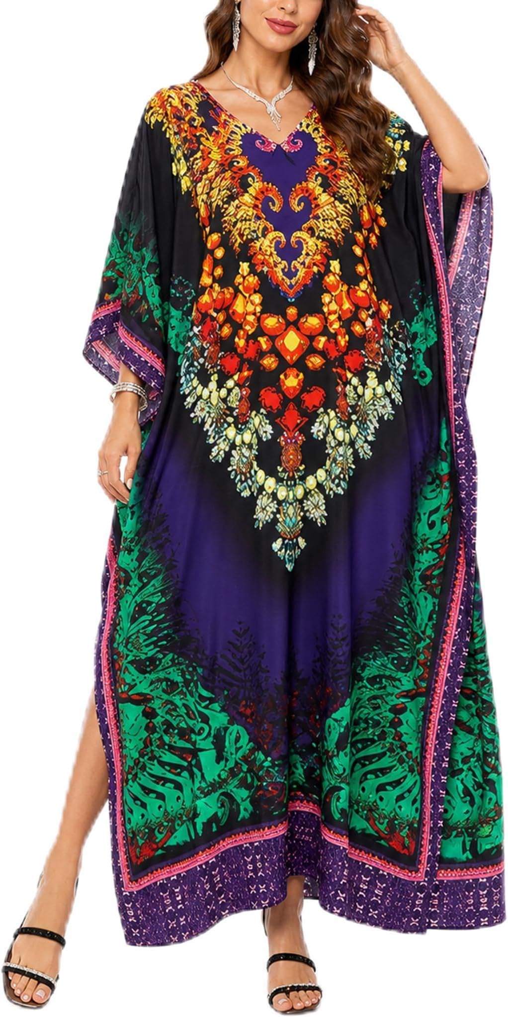 Women Polyester Casual Long Plus Size Beach Caftan Cover Up Maxi Dress 1X–3X Summer Kaftan Dresses for Women