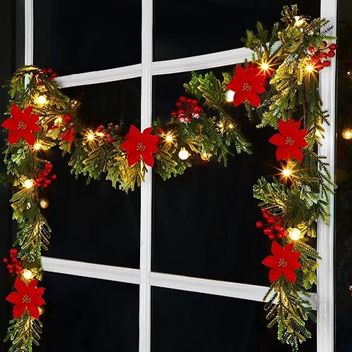 Lulu Home Guirnalda de Navidad preiluminada de 9 pies con 30 luces LED con cuentas de cristal, funciona con pilas, guirnalda de Pascua de Navidad
