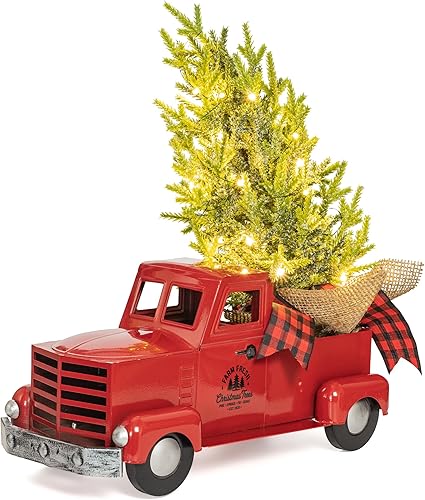 KI Store Camión de metal vintage con árbol de Navidad iluminado para decoración de Navidad, centros de mesa