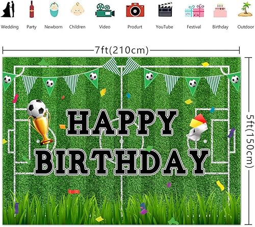 Miniatura 3 de Lofaris Telón de fondo de feliz cumpleaños con temática de fútbol de feliz cumpleaños, campo de fútbol deportivo, fondo de fotografía para niños,