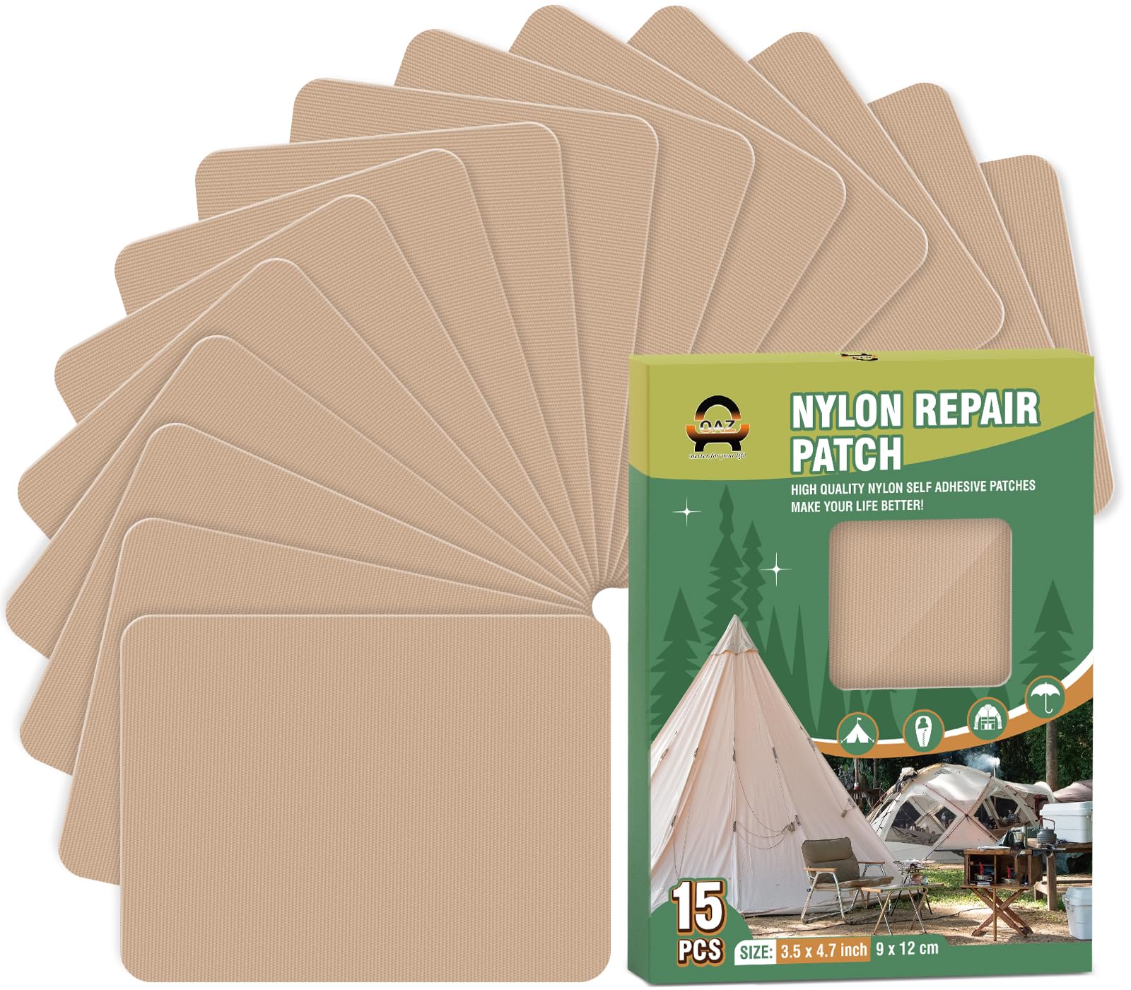 15 Pieces 9 x 12 cm Nylon Repair Patches Nylon Fabric Patch Self-Adhesive Tent Repair Tape Waterproof Lightweight Repair Patches Repair Patch Kit for Clothing Down Jacket Bag (Khaki)
