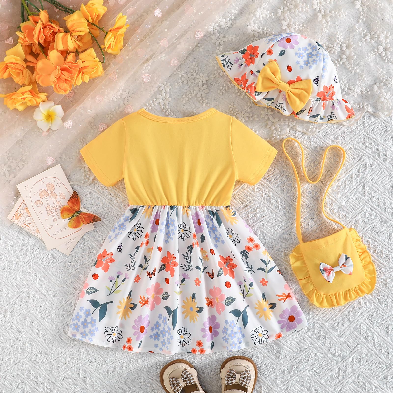 Robe Bébé Fille Robe été Bébé Fille et de Printemps Vêtements d'été pour Filles avec Chapeau et Sac