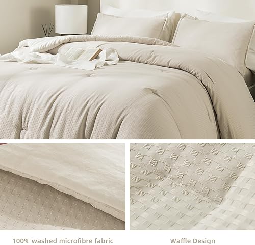 Miniatura 6 de Andency Juego de edredón de 3 piezas de color caqui, tamaño matrimonial, juego de edredón de punto gofre para todas las estaciones, juego de edredón