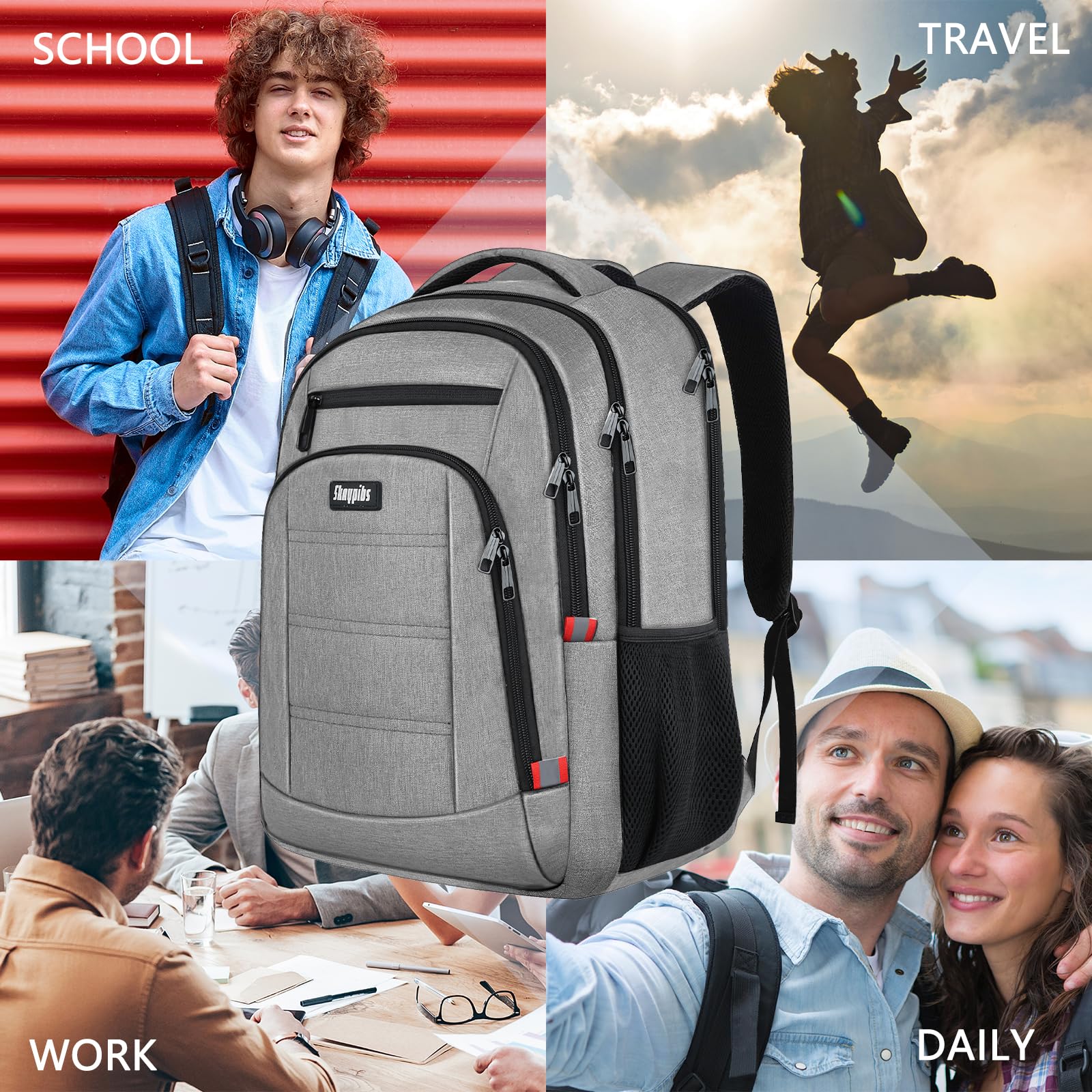 Skaypibs Zaino per uomo e donna, zaino da viaggio per laptop da 15,6 pollici, borsa per libri scolastici universitari con porta di ricarica USB
