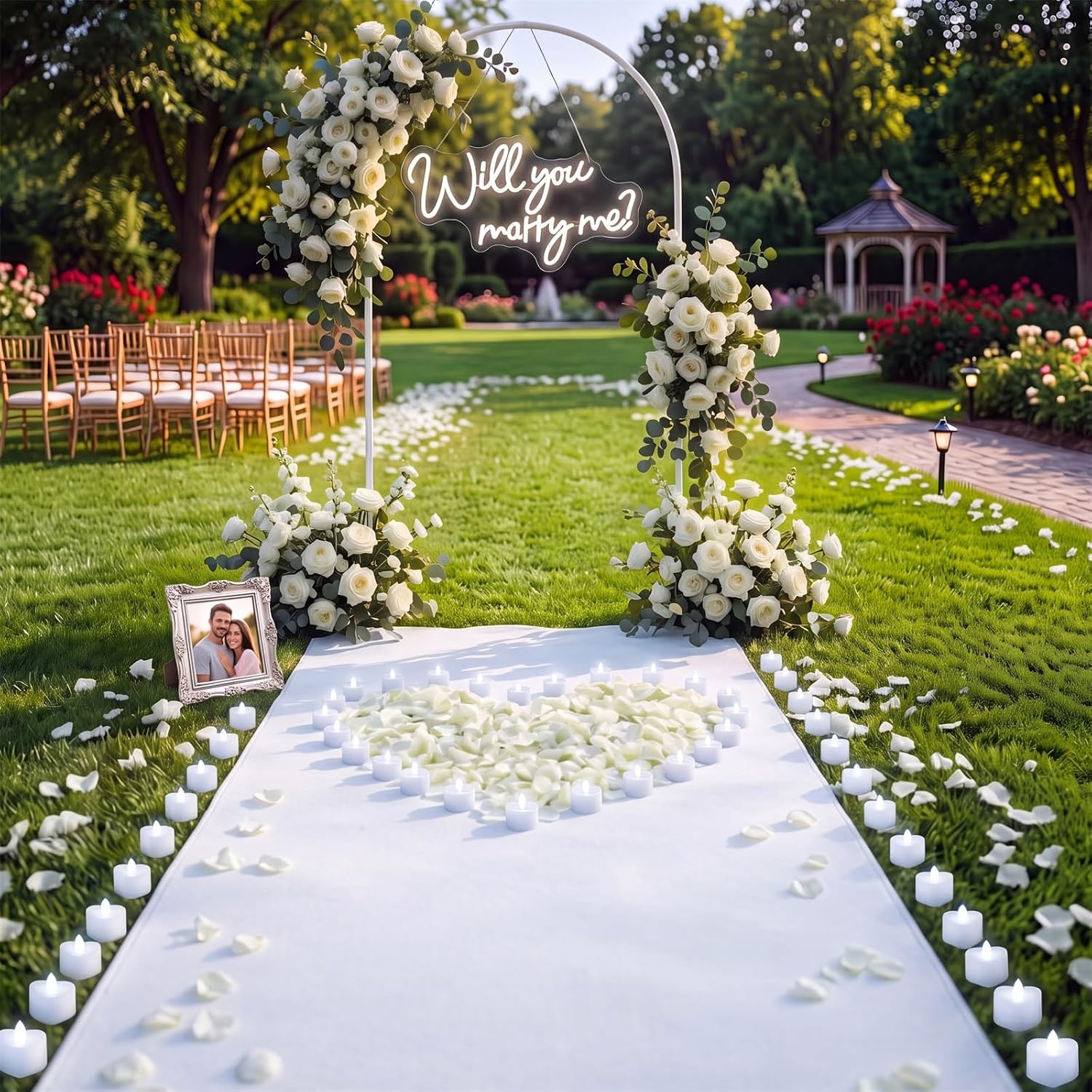 Coume Proposal Decoration Kit Will You Marry Me Neon Sign | 7.2ft Backdrop Stand 4000 Rose Petals and 48 LED Candles, 16ft Carpet Runner Engagement Wedding Bridal Shower Decoration