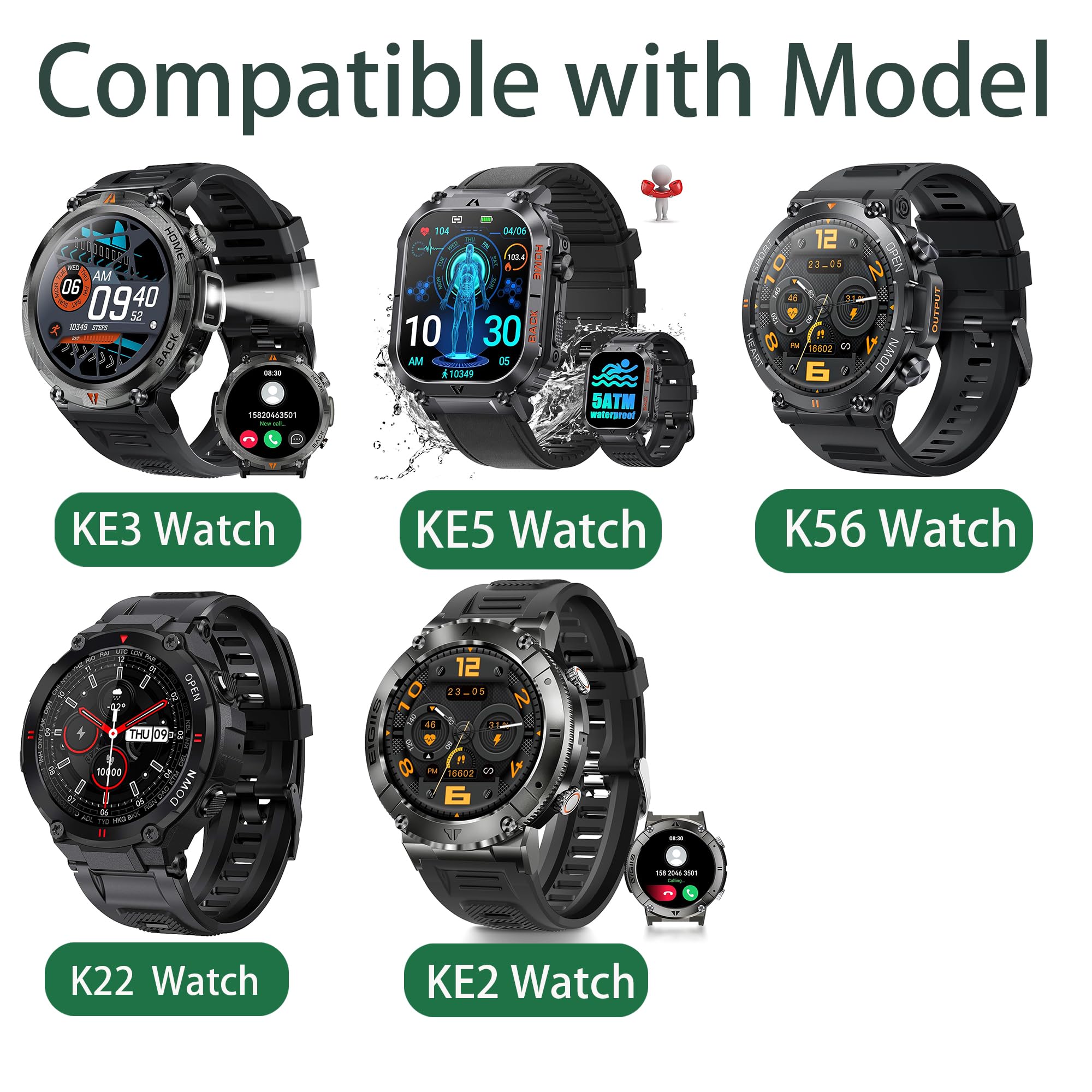 Compatible for EIGIIS KE3 Smartwatch Band, Lamshaw 22mm Quick Release Classic Watch Bands Soft Silicone Bands Bracelet Sports Strap Compatible with KE2, KE3, KE5, KE6, K22, K27, K55, K56, K57, DM50, HM09, I32, S35 Military Smart Watch (5 Pack-1)