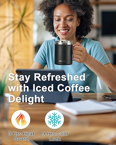 Miniatura 2 de Taza de café aislada de 12 onzas, taza de café de acero inoxidable de doble pared con tapas, tapa deslizante desmontable y a prueba de fugas para