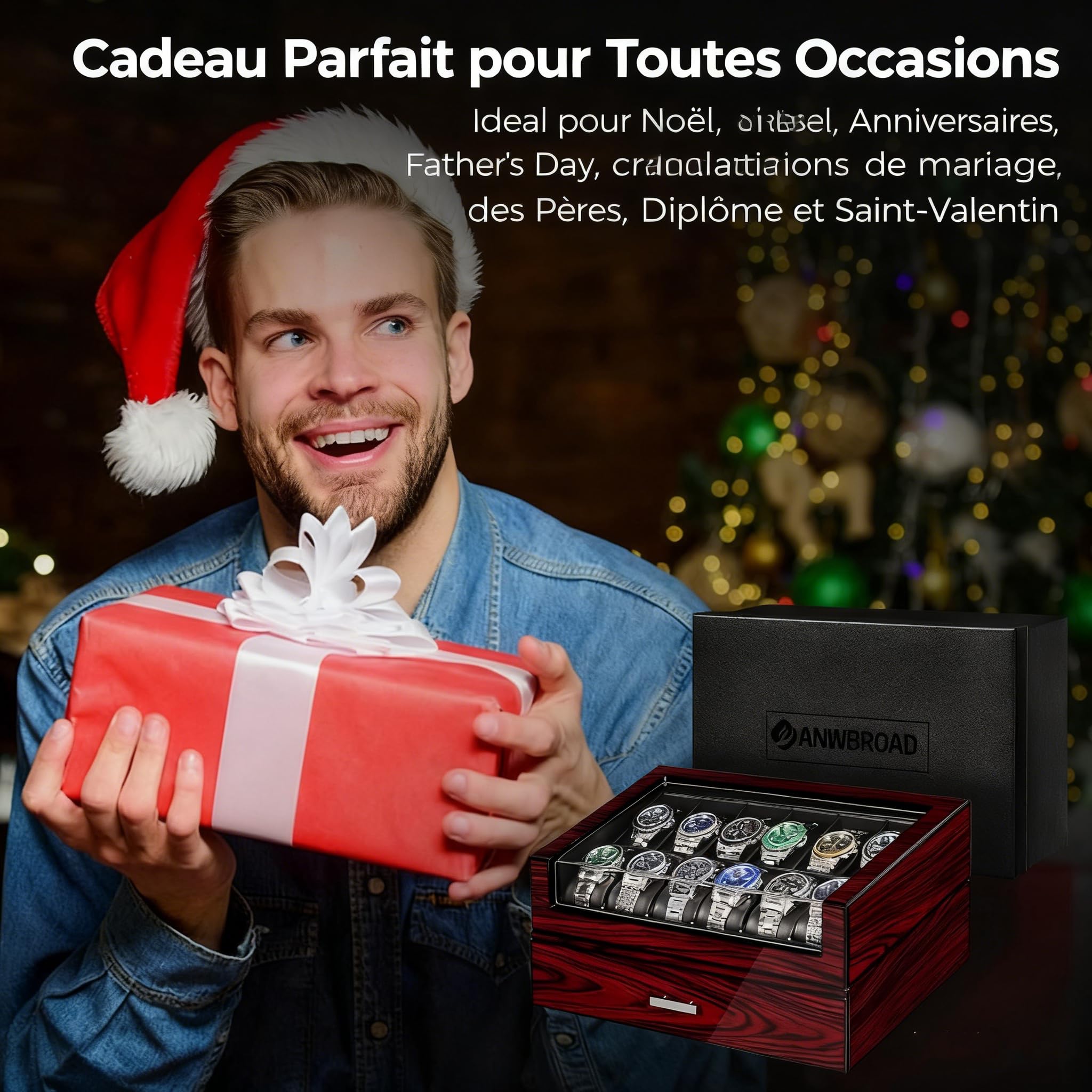 ANWBROAD Boite a Montre Homme 12 Emplacements Couches de Peinture avec Couvercle en Verre Boite a Bijoux Homme Coffret Doublure en Similicuir Cadeaux Luxueux pour Hommes et Femmes JWB005Y