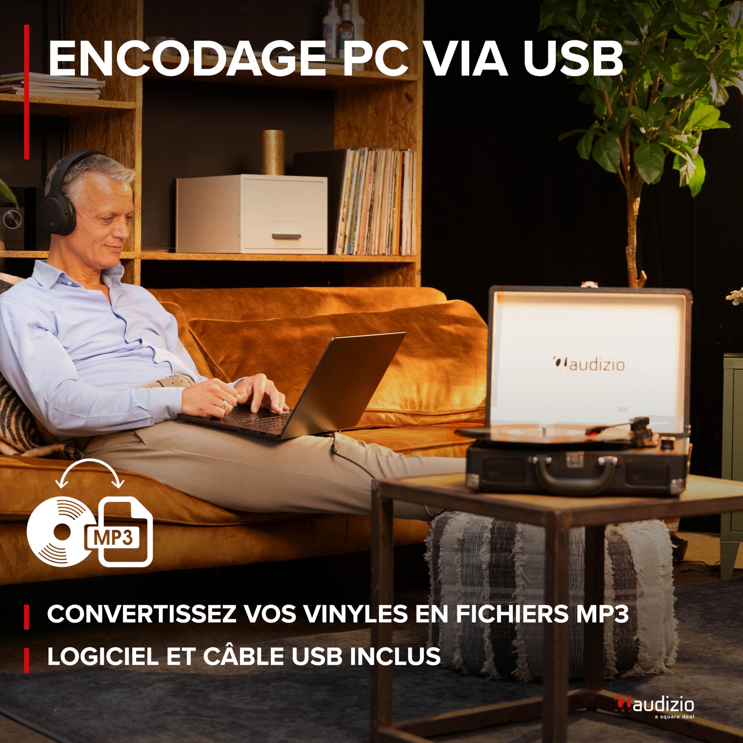 Audizio RP114BK Platine Vinyle Rétro avec Haut-Parleurs Intégrés - Noire, Lecture 33/45 & 78 Tours, Fonction de Numération pour Ordinateur, Idéal pour Écouter Vos Anciens Vinyles Préférés