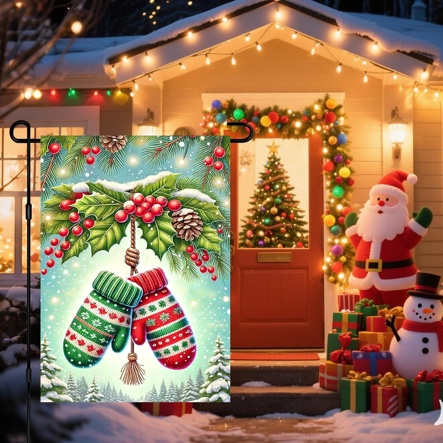 Christmas Garden Flag 12x18 Inch Knit Mittens Holly Flag Double Sided Red Green Holiday Banner Outdoor Winter Yard Decoration for Porch Lawn Home - Image 2