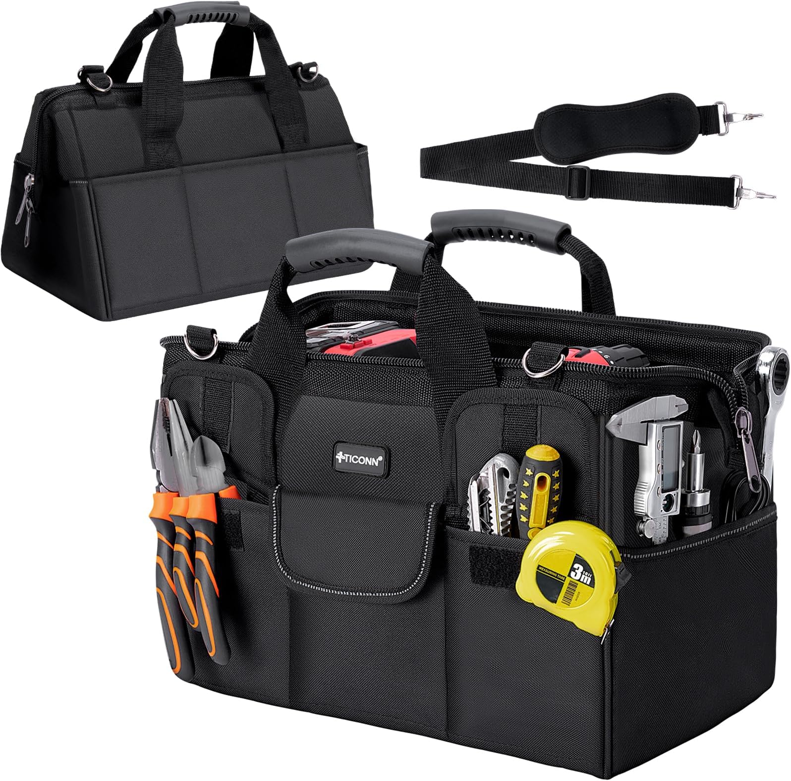 TICONN Heavy Duty Tool Bag with Multi-Pockets, Portable Tool Box Organizer Storage Bag, with Adjustable Shoulder Strap and Ergonomic Handle (Black, 14" Standard Base)