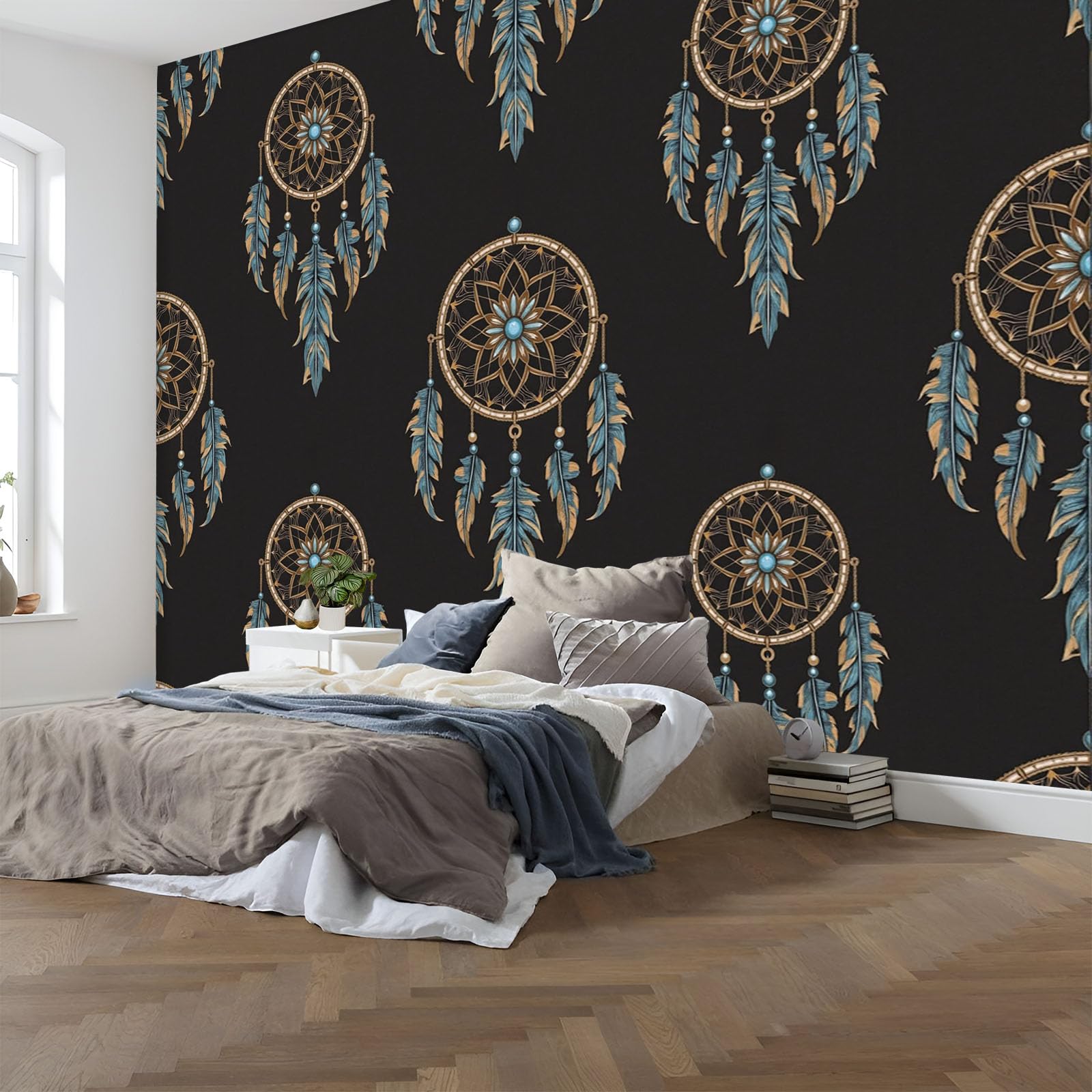 Fototapete Traumfänger Ethnische goldene Luxusfedern Wandtapete Groß Modern Wandbild für Wohnzimmer Schlafzimmer Büro Café 250x175cm(nicht selbstklebend,) Dekorative Tapeten,Non self-adhesive