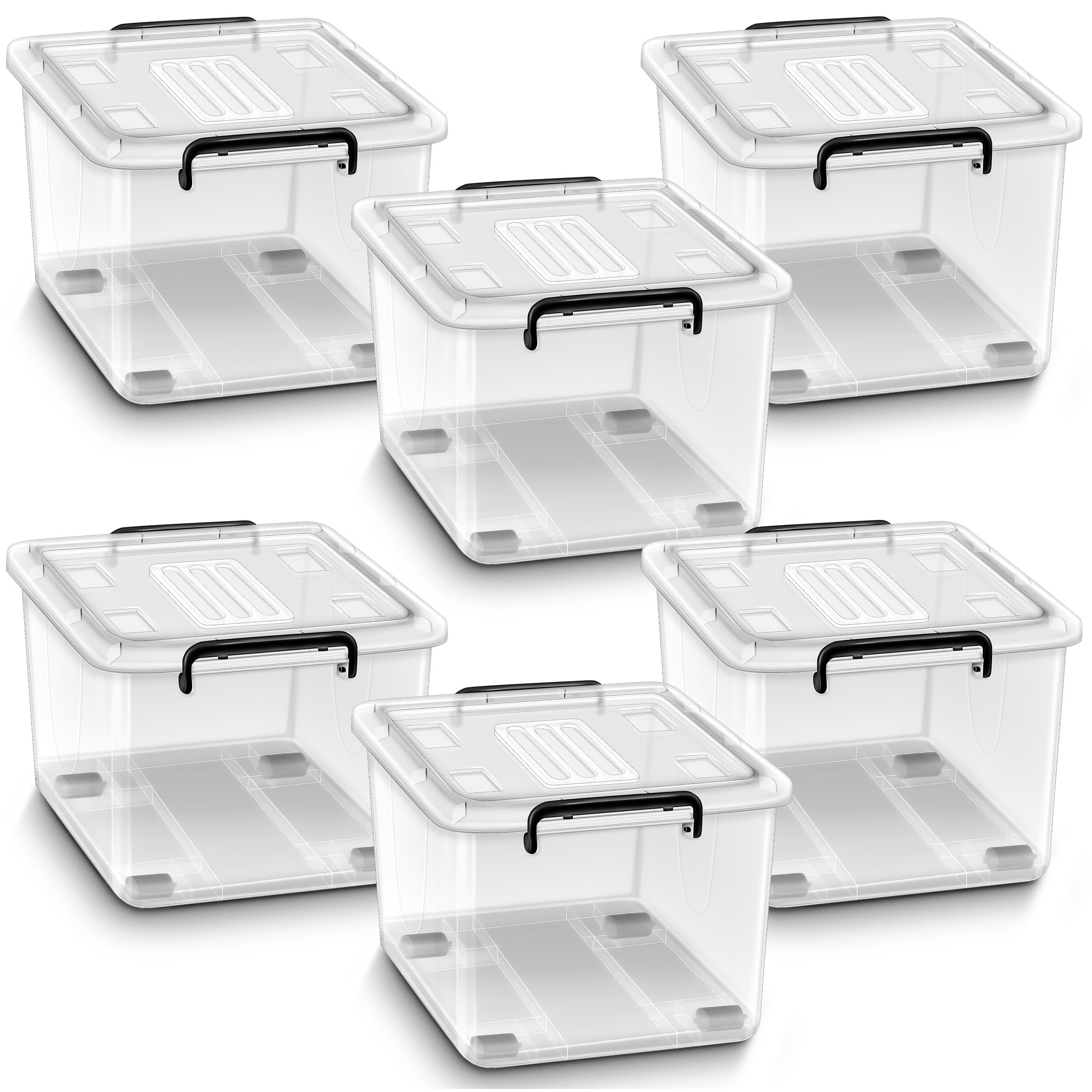 tillvex® Aufbewahrungsboxen mit Deckel 6er Set - 42 Liter, lebensmittelecht | Kunststoff Boxen Set stapelbar | Aufbewahrung Ordnungssystem Box groß | Aufbewahrungsbox Kleiderboxen 100% Neumaterial