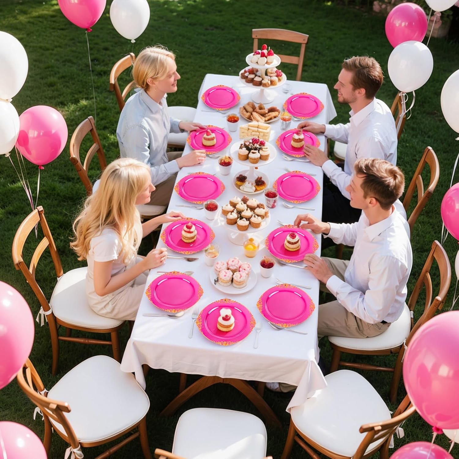 102PCS Clear Hot Pink Plastic Plates - Pink Disposable Plate with Gold Rim - Hot Pink Party Plates Easter Include 51PCS 7.5inch Dessert & 10.25inch Dinner Plate for Wedding Birthday Party