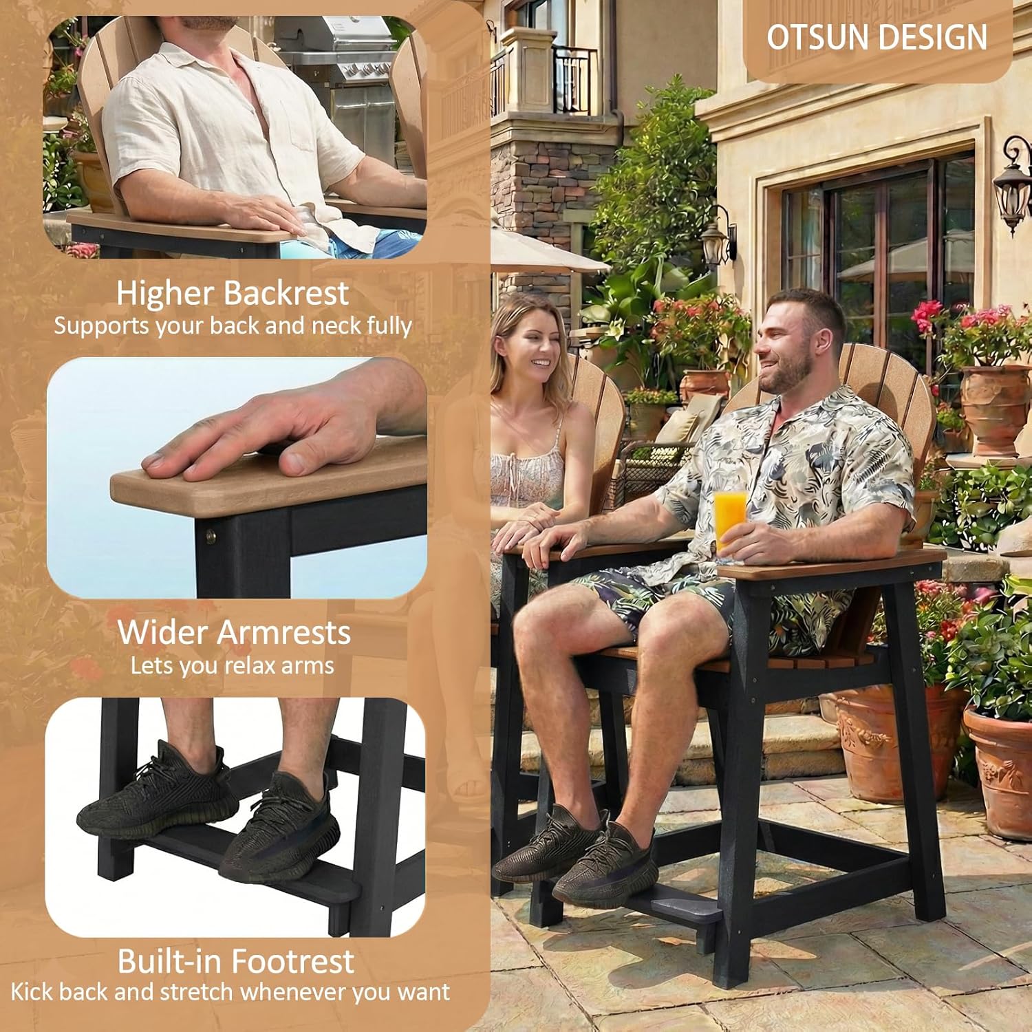 OTSUN Tall Modern Adirondack Chairs Set of 4, All Weather HDPE Bar Height Adirondack Stools Widened Durable Design for Porch Patio Yard Lawn Fire Pit Bistro Basement Indoors & Outdoors