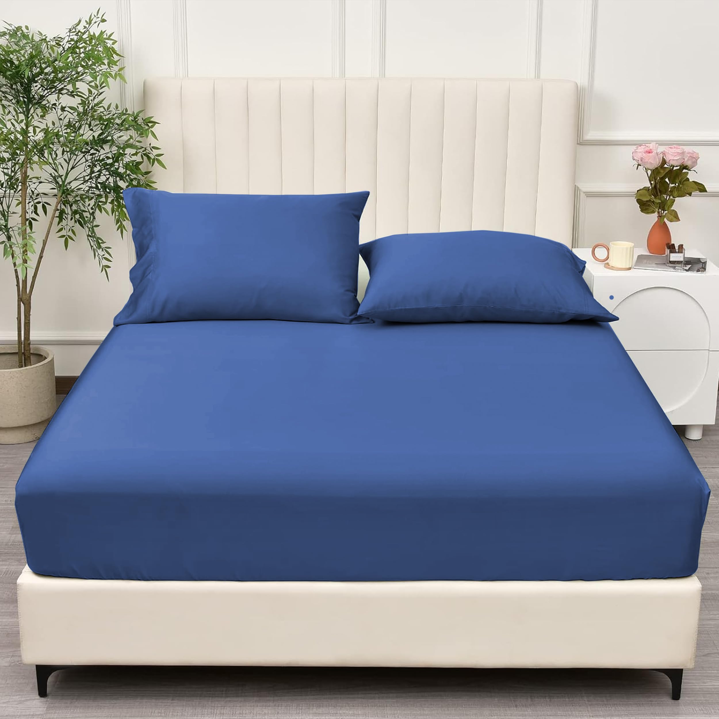 PRIME LINENS Brushed Microfiber Fitted Sheet 30 Cm Deep Pocket Easy Care Bed Sheet Ultra Soft Bottom Sheet Shrinkage & Fade Resistant (Mid Blue, Single)