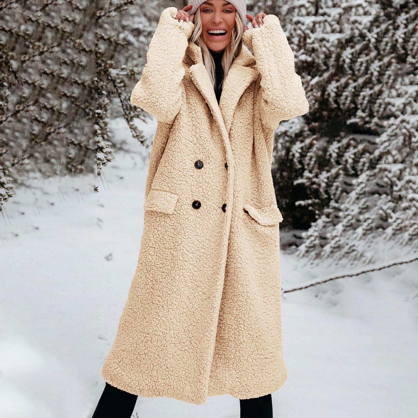 Fleecejacke Damen Lang Wintermantel Flauschig Plüschjacke Einfarbig | Fleecejacke Damen Ohne Kapuze Plüschmantel Winddicht Teddyfleece Jacke Mit Taschen Flauschjacke Mit Knöpfen Mantel Warm