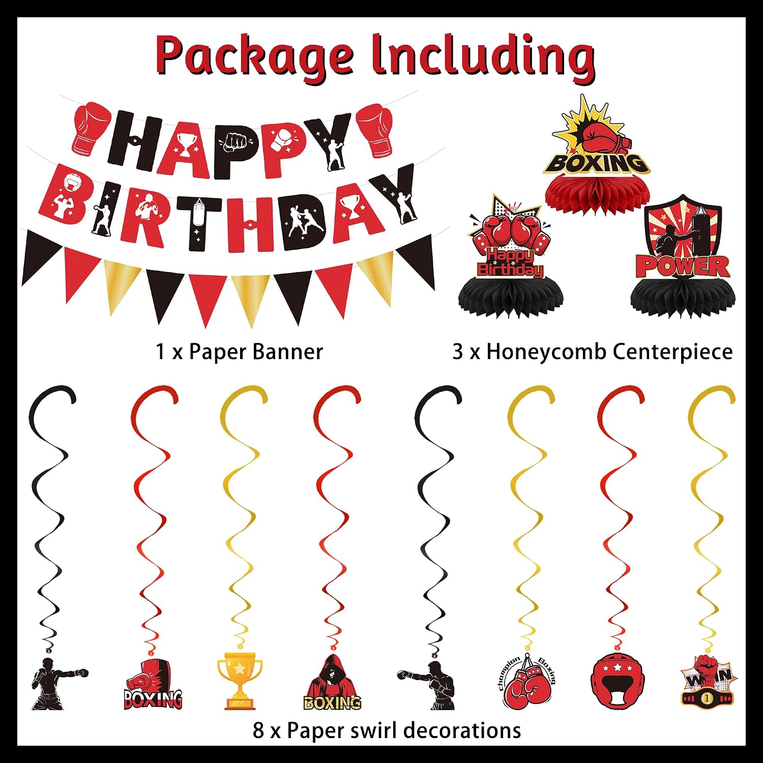Boxing Birthday Party Decorations, Happy Birthday Banner & Hanging Swirls, Pennant & Honeycomb Centerpieces, Red Black Gold Fight Night Party Supplies for Boys Men Kids