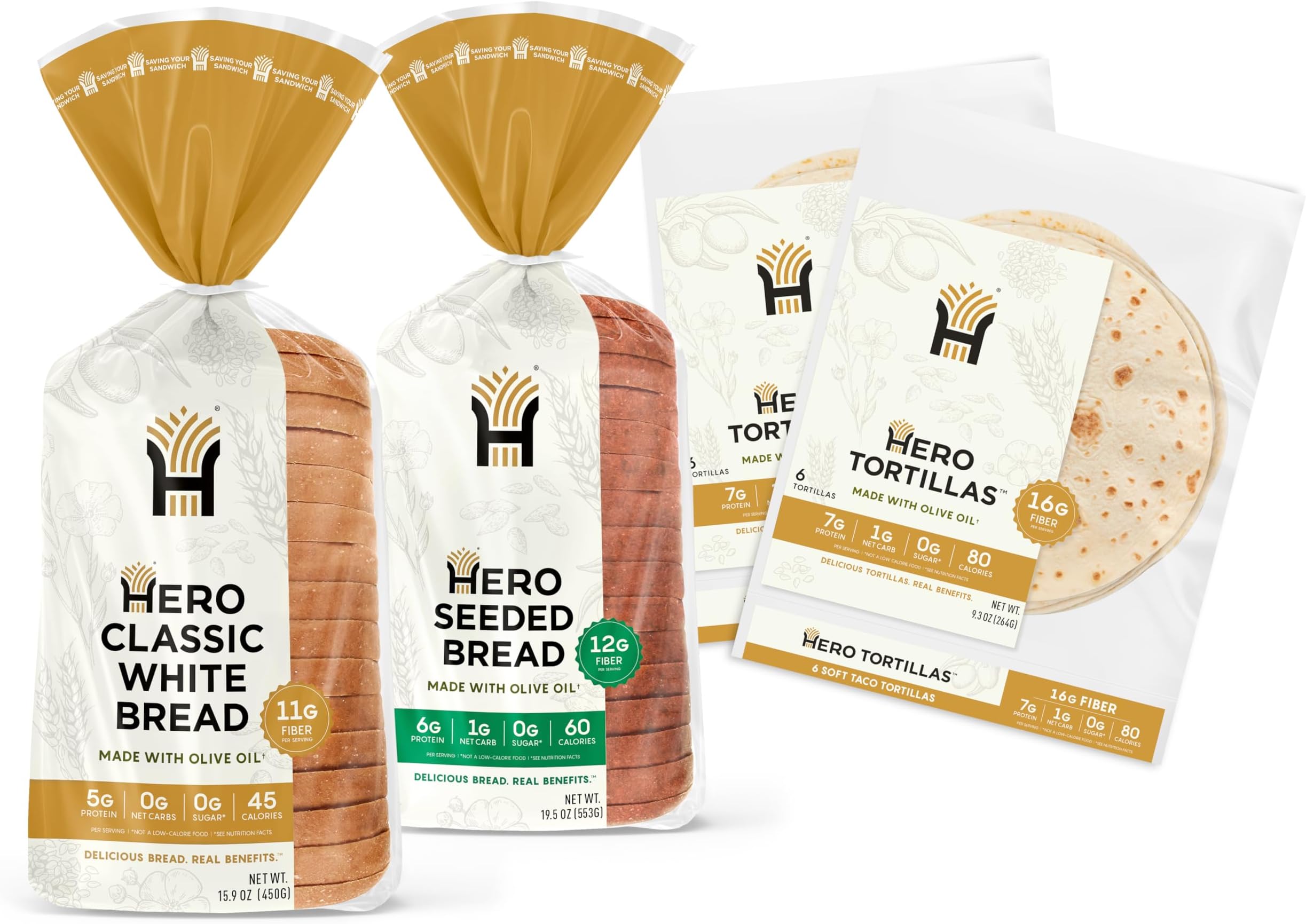 Hero Triple Threat Bundle 1g Net Carb Seeded Sandwich Bread, 0g Net Carb White Bread, 1g Net Carb Flour Tortilla | 0g Sugar, High Fiber & <100 Calories per serving | Net Low Carb & Keto-Friendly