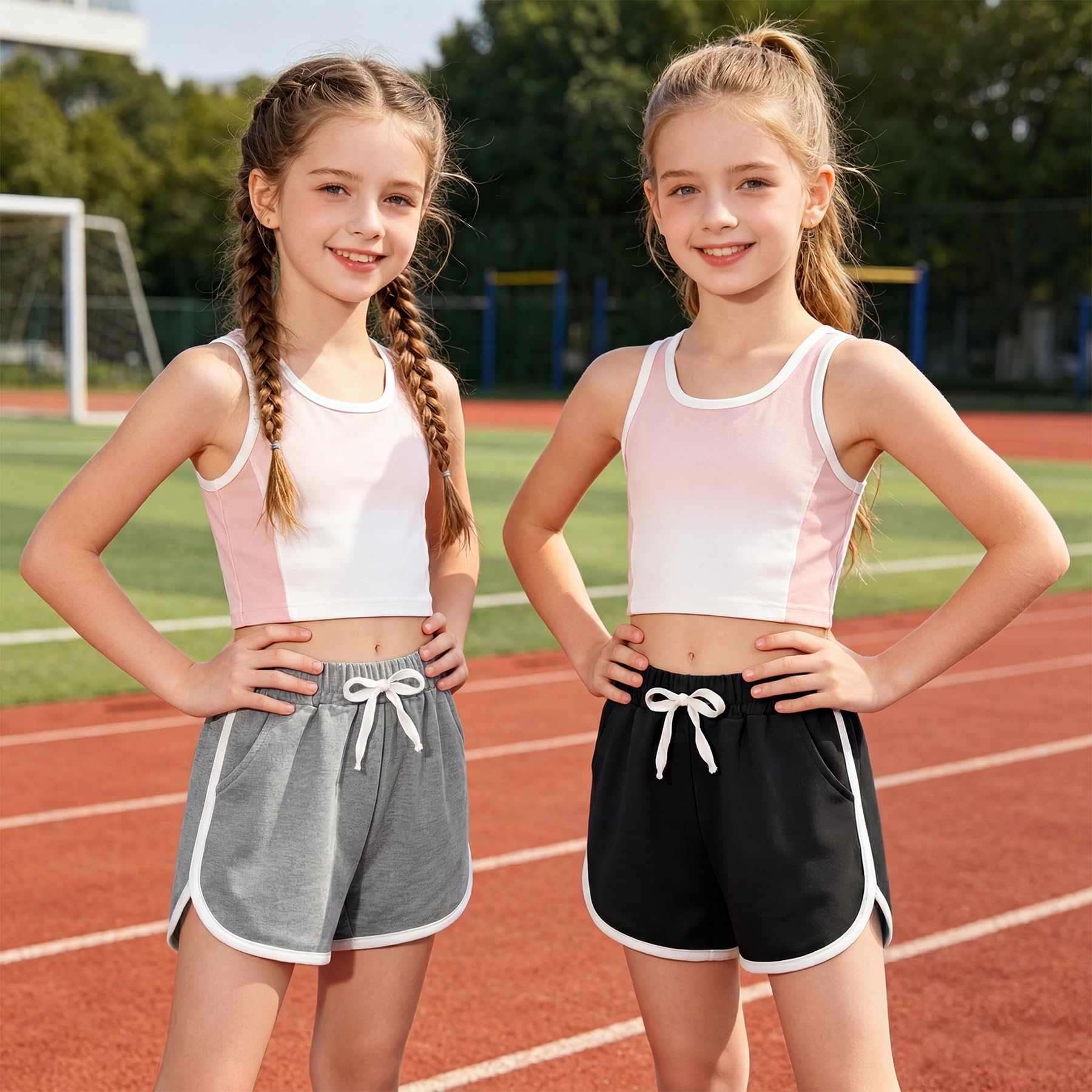 Pantalones Cortos para Niña con Bolsillos, Pack de 2 Algodón Transpirables Cortos de Ciclismo Verano Cintura Elástica Deportivo Shorts Cómodo Gimnasia Pantalones para Niños 4-13 Años