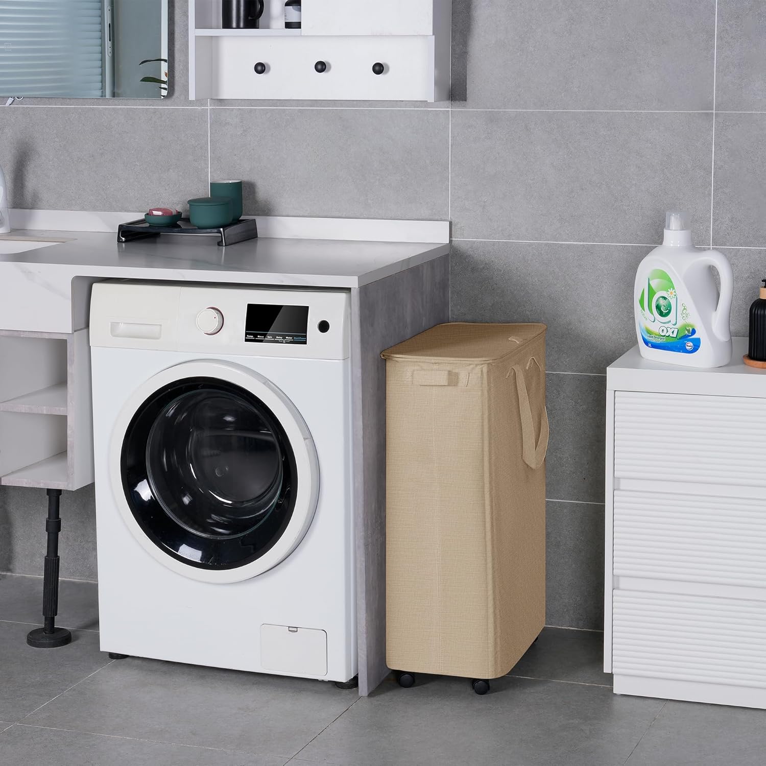 Vincona Slim Laundry Hamper with Lid and Wheels, Small Rolling Laundry Basket with Handle for Small Spaces, Tall Dirty Clothes Hampers for Dorm, Bathroom and Bedroom, 75L, Oatmeal