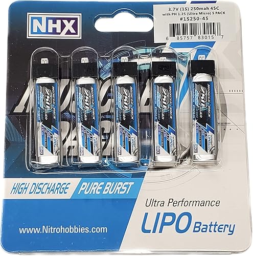 NHX Muscle Pack 1S 3.7V 250mAh 45C Batería Lipo con conector ultra micro (paquete de 5)