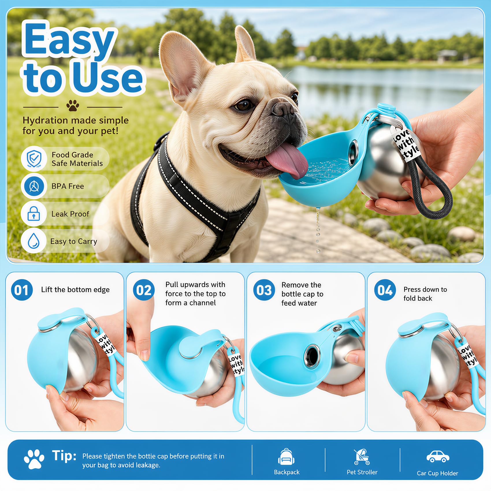 Trinkflasche Hunde für Unterwegs, 2 Stück Hundetrinkflasche für Unterwegs, 285ml Edelstahl Auslaufsichere Hunde Trinkflasche mit Faltbarem Silikonnapf für Spaziergäng, Wanderungen, Reisen, Camping